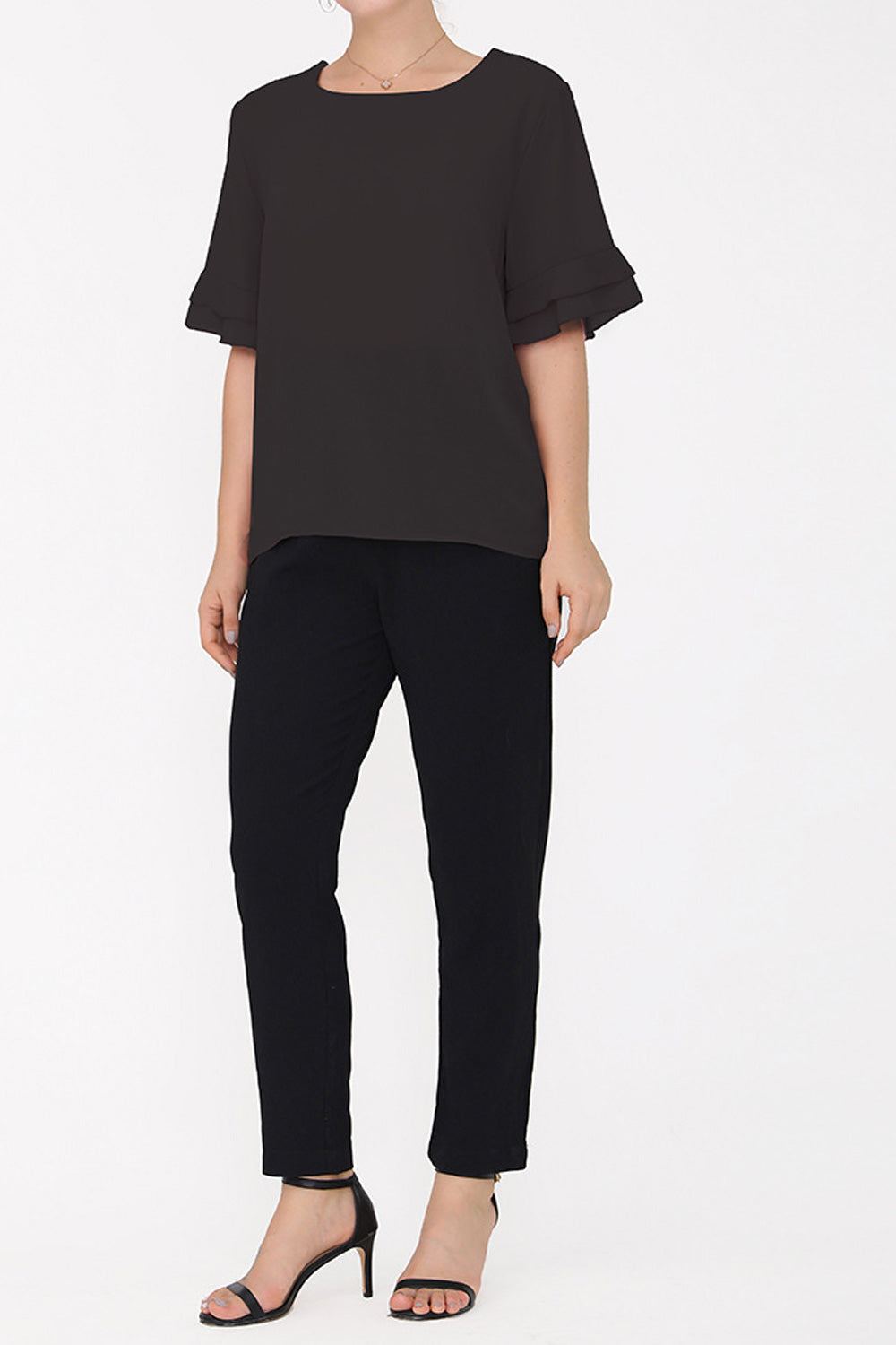 Women Flared Short Sleeve Solid Pattern Round Neck Breathable Loose Style Shirt