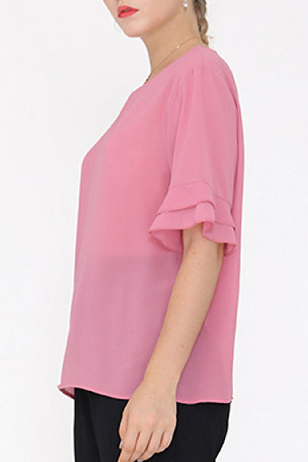 Women Flared Short Sleeve Solid Pattern Round Neck Breathable Loose Style Shirt