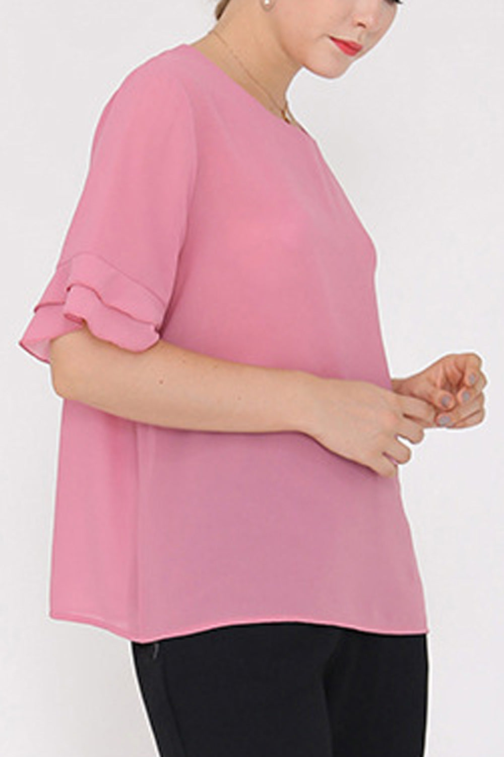 Women Flared Short Sleeve Solid Pattern Round Neck Breathable Loose Style Shirt