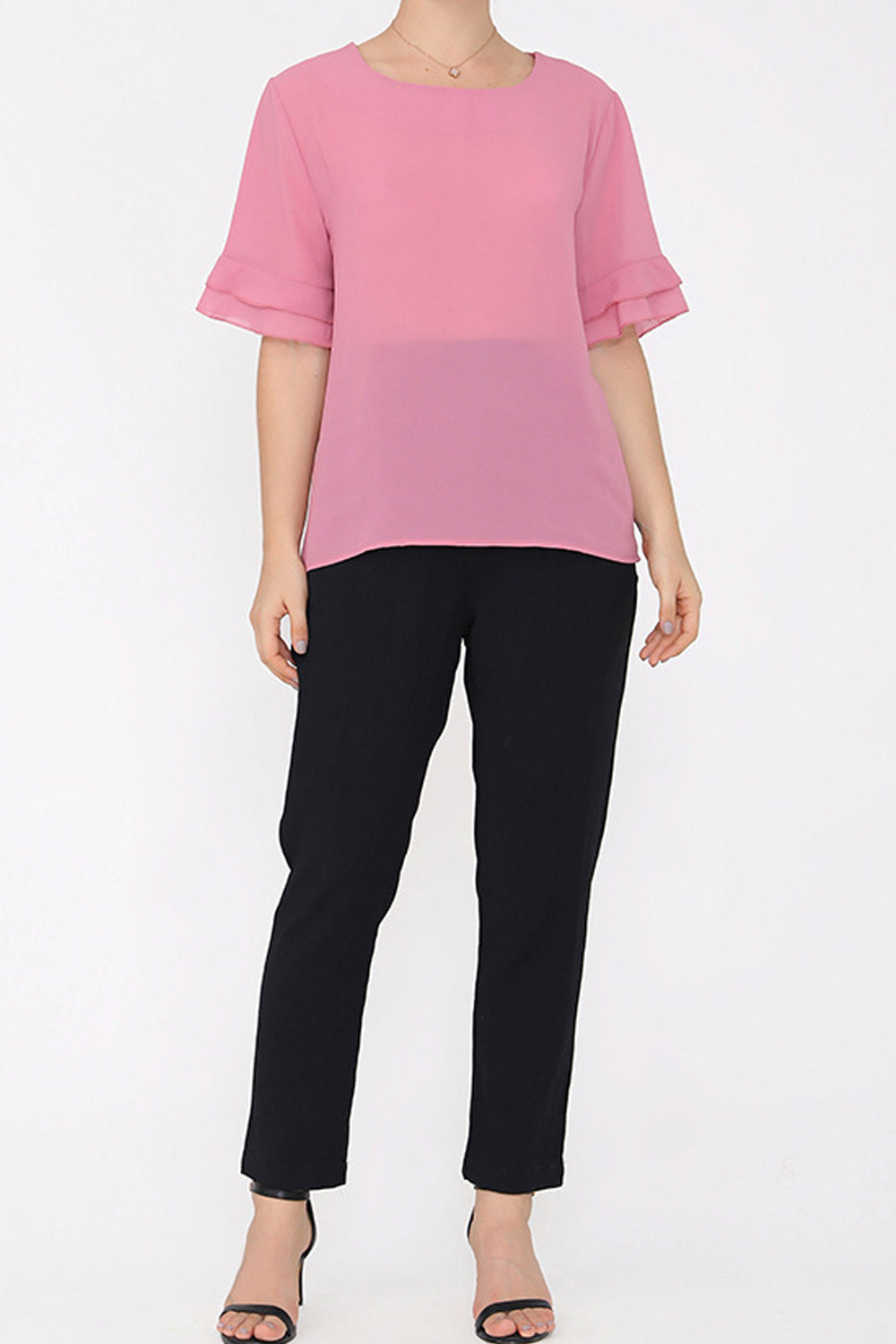 Women Flared Short Sleeve Solid Pattern Round Neck Breathable Loose Style Shirt