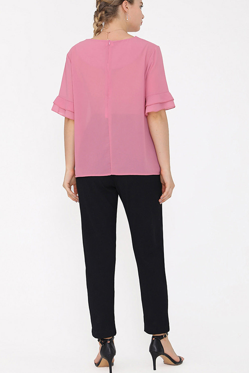 Women Flared Short Sleeve Solid Pattern Round Neck Breathable Loose Style Shirt