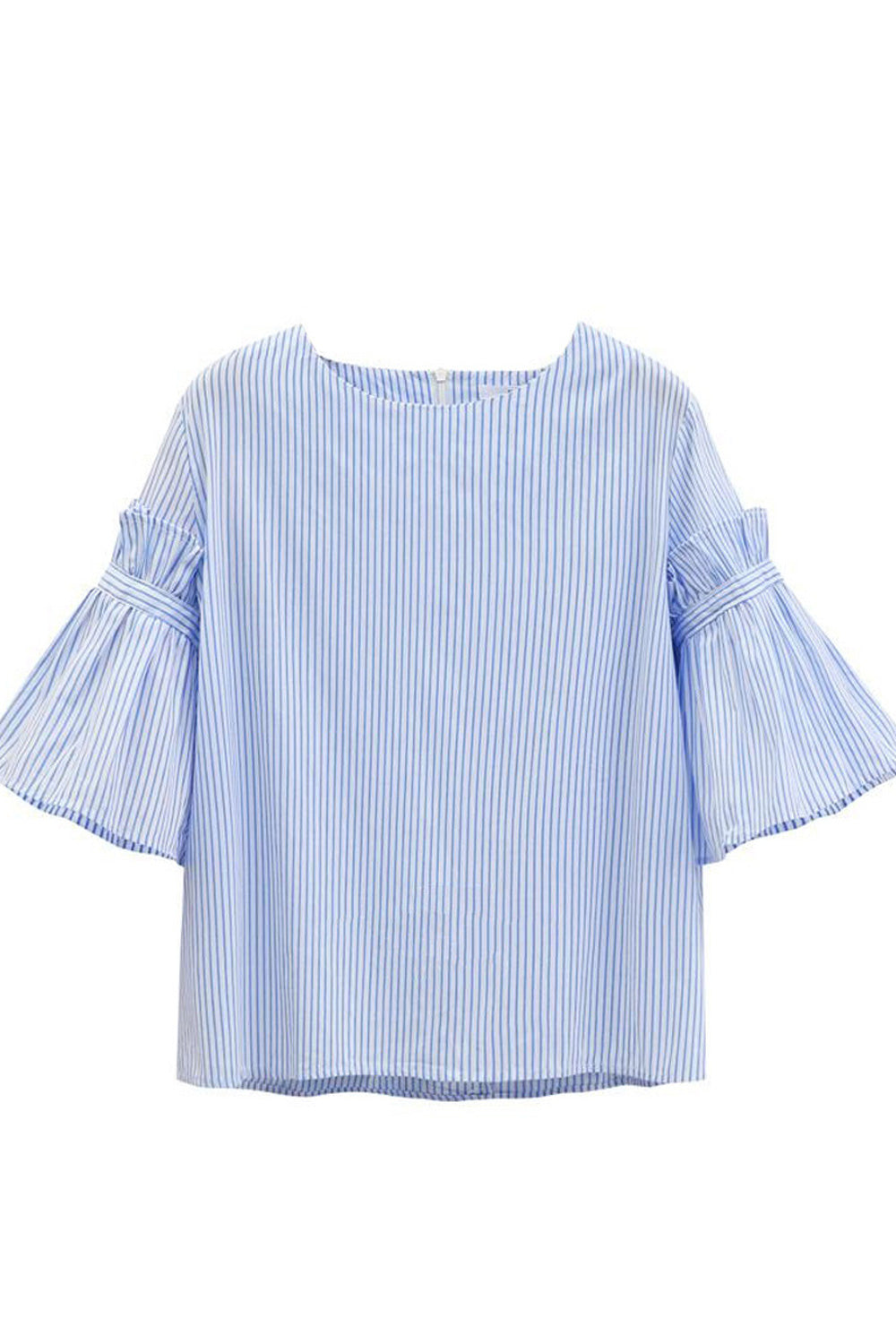 Women Zipper Closure Trumpet Sleeve Thin Stripe Pattern Decent T-Shirt
