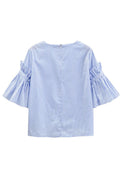 Women Zipper Closure Trumpet Sleeve Thin Stripe Pattern Decent T-Shirt