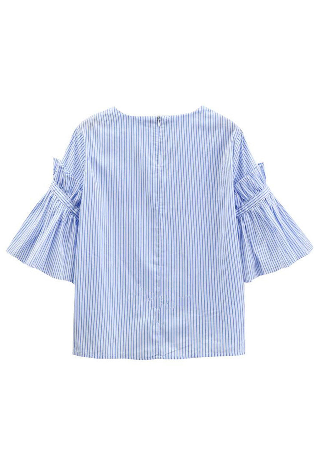 Women Zipper Closure Trumpet Sleeve Thin Stripe Pattern Decent T-Shirt