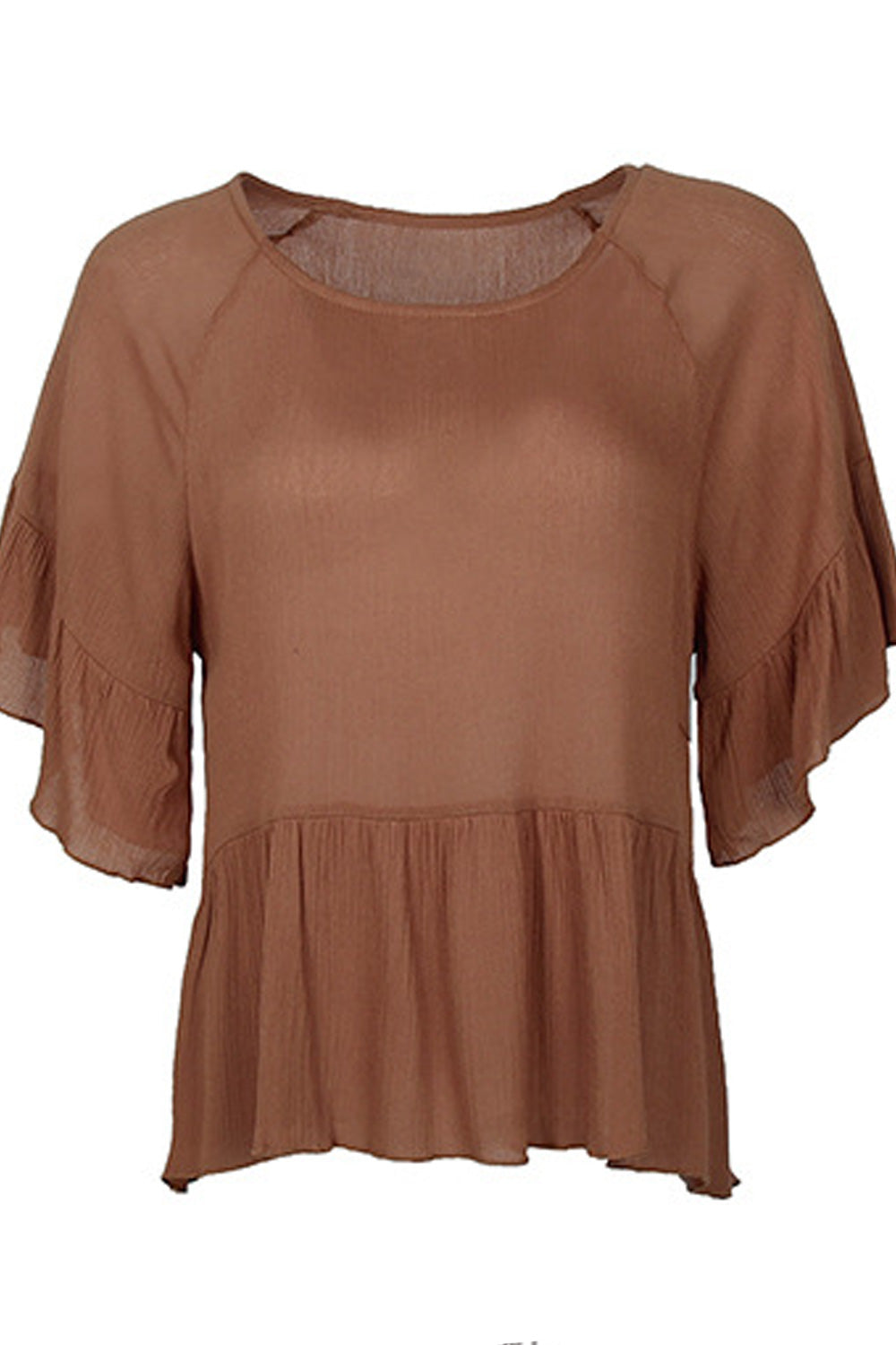 Women Comfy Round Neck Solid Colored Ruffled Hem Top