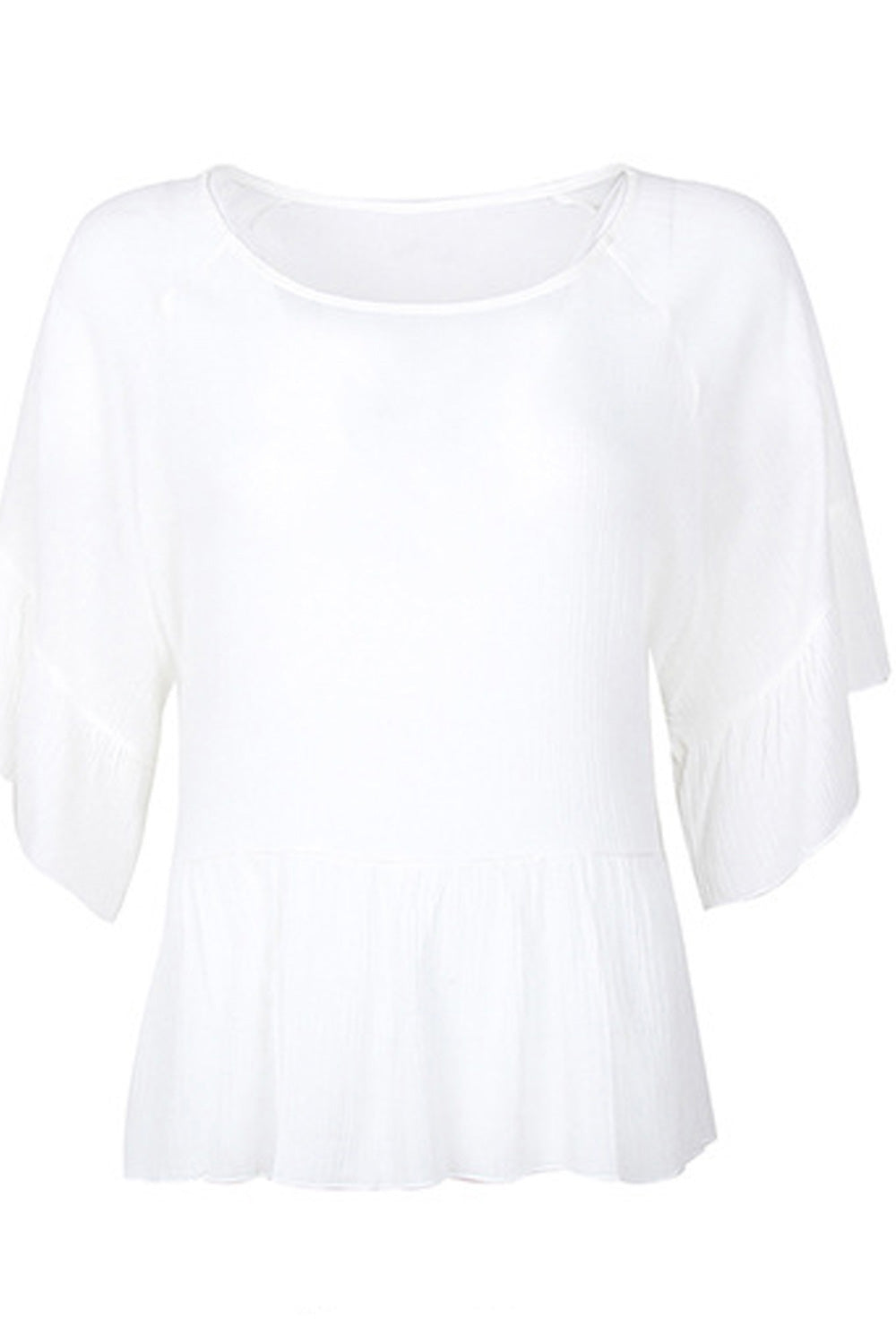 Women Comfy Round Neck Solid Colored Ruffled Hem Top