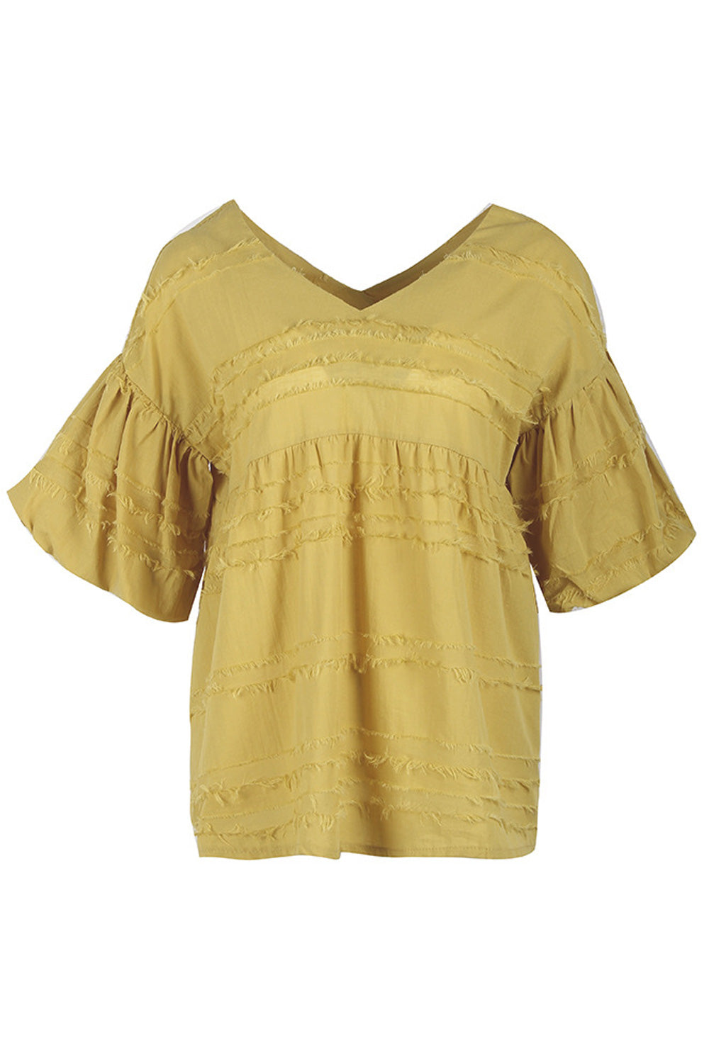 Women Classy Solid Colored V-Neck Style Lantern Sleeve T-Shirt