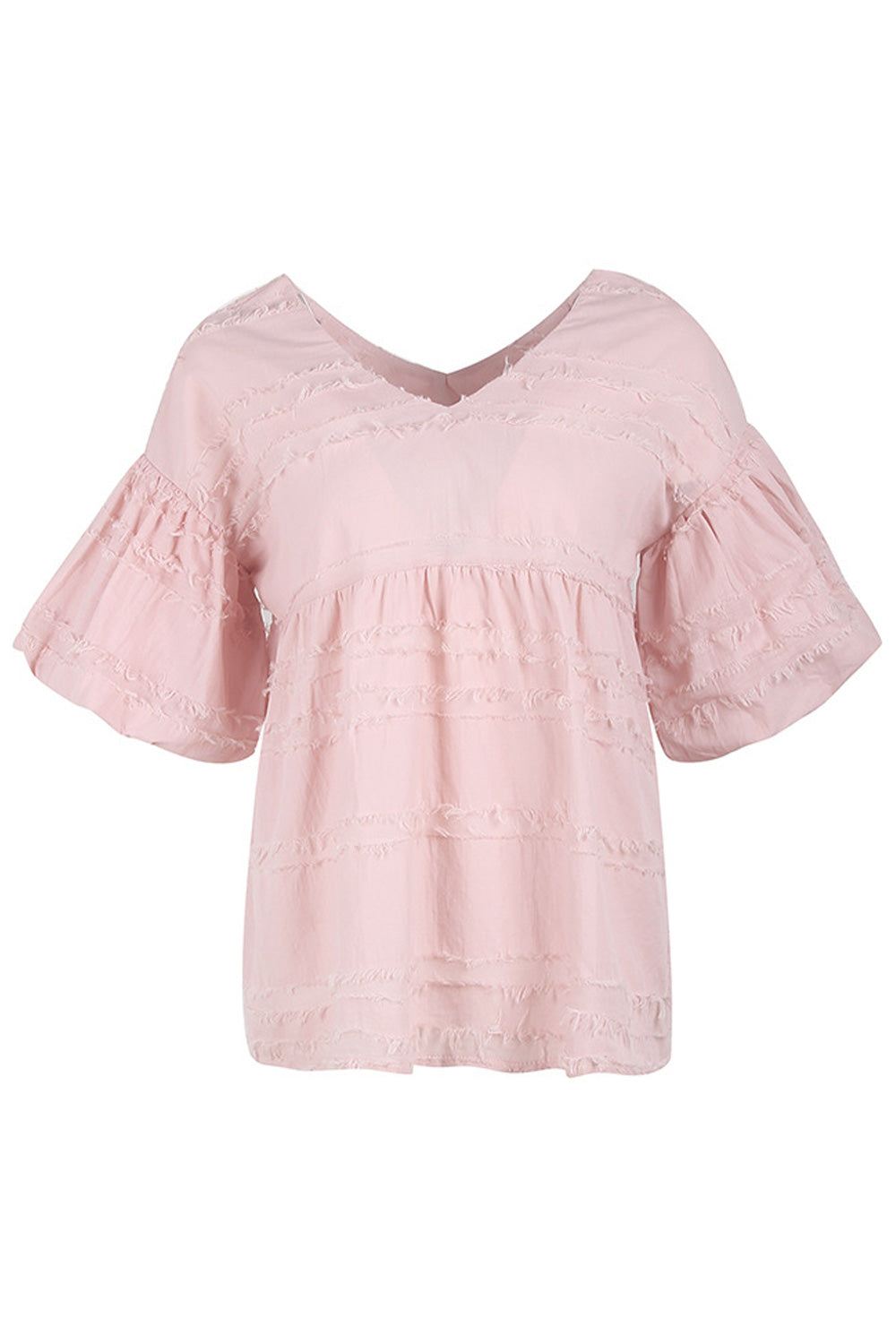 Women Classy Solid Colored V-Neck Style Lantern Sleeve T-Shirt