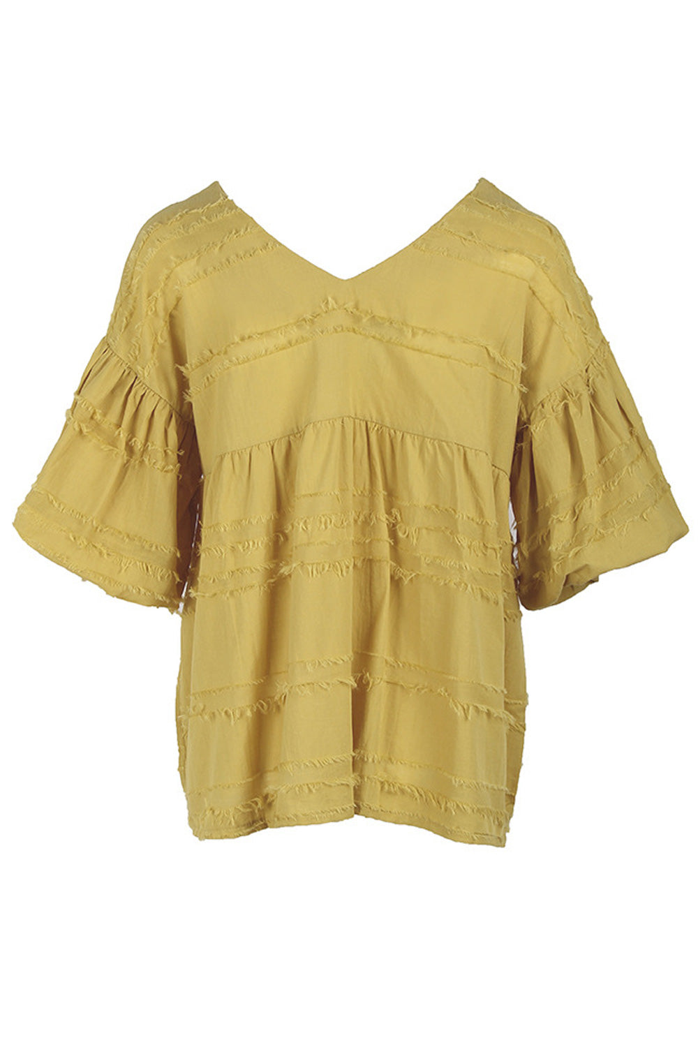 Women Classy Solid Colored V-Neck Style Lantern Sleeve T-Shirt