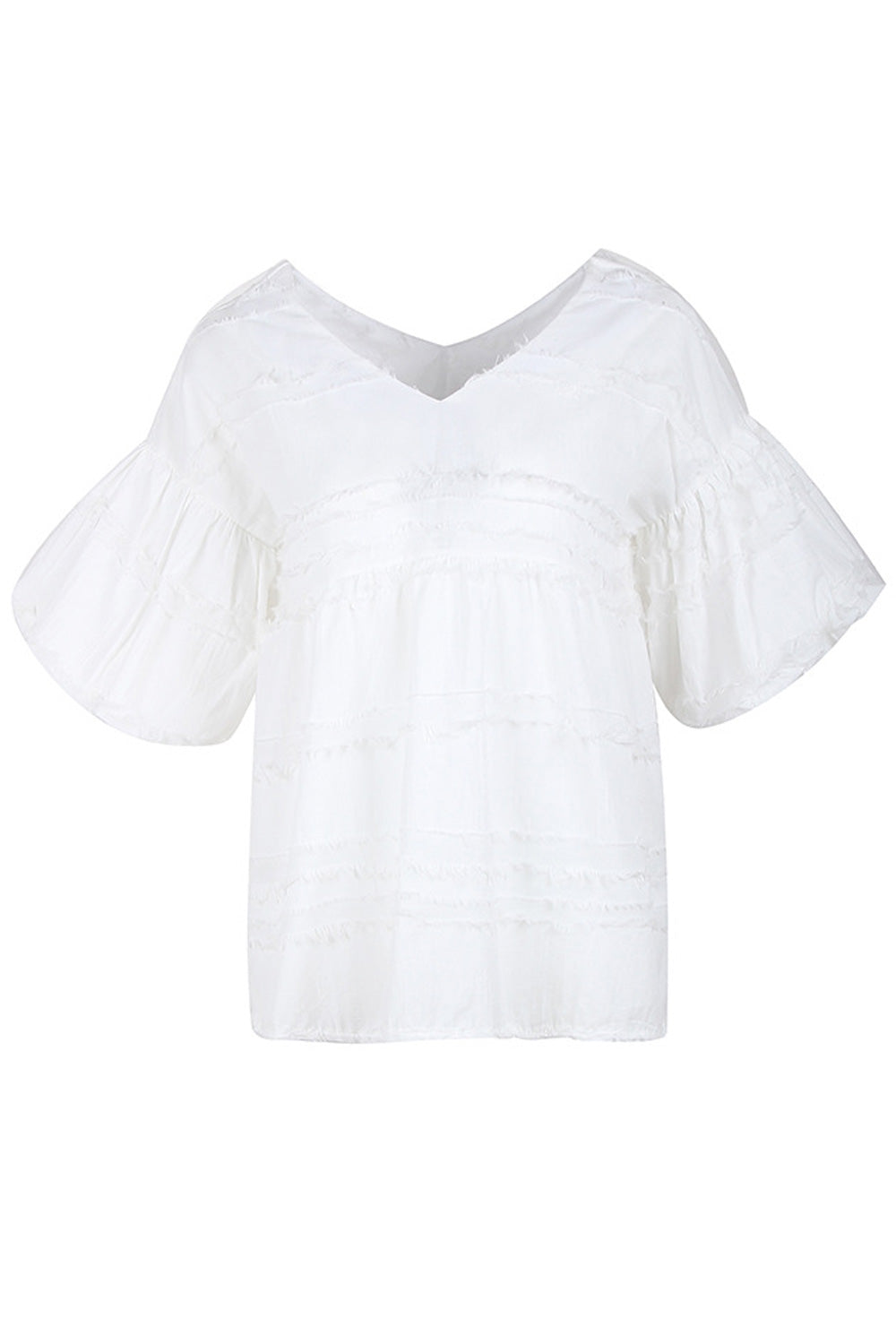 Women Classy Solid Colored V-Neck Style Lantern Sleeve T-Shirt