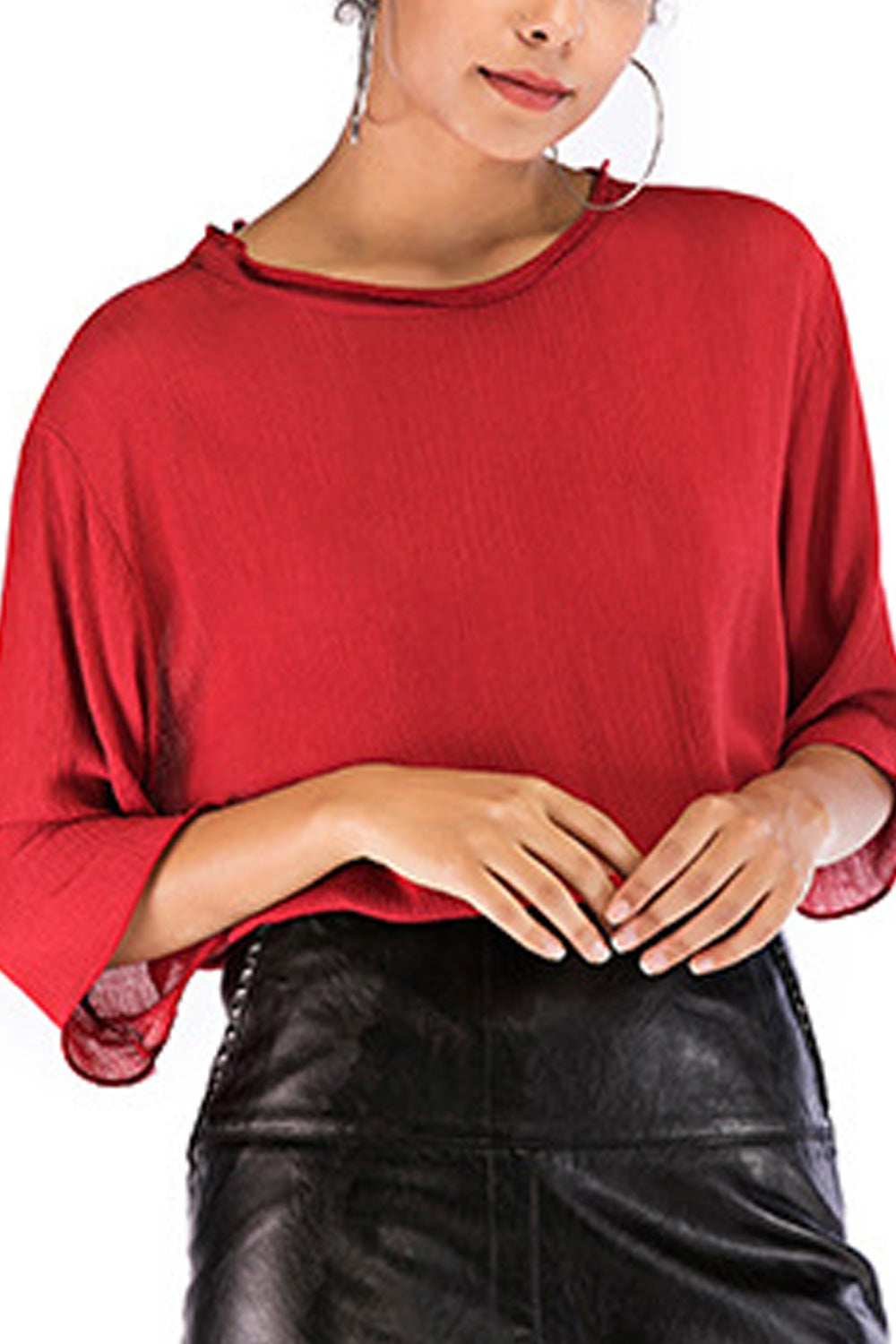 Women Round Neck Thin Long Sleeve Solid Pattern Breathable T-Shirt