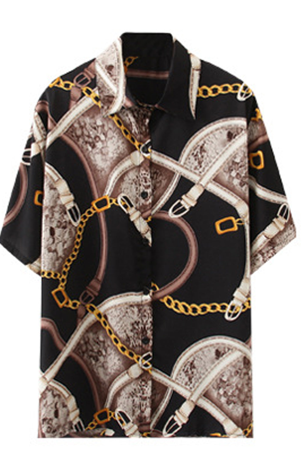 Women Collar Neck Short Sleeve Button Closure Snake Pattern Chiffon T-Shirt
