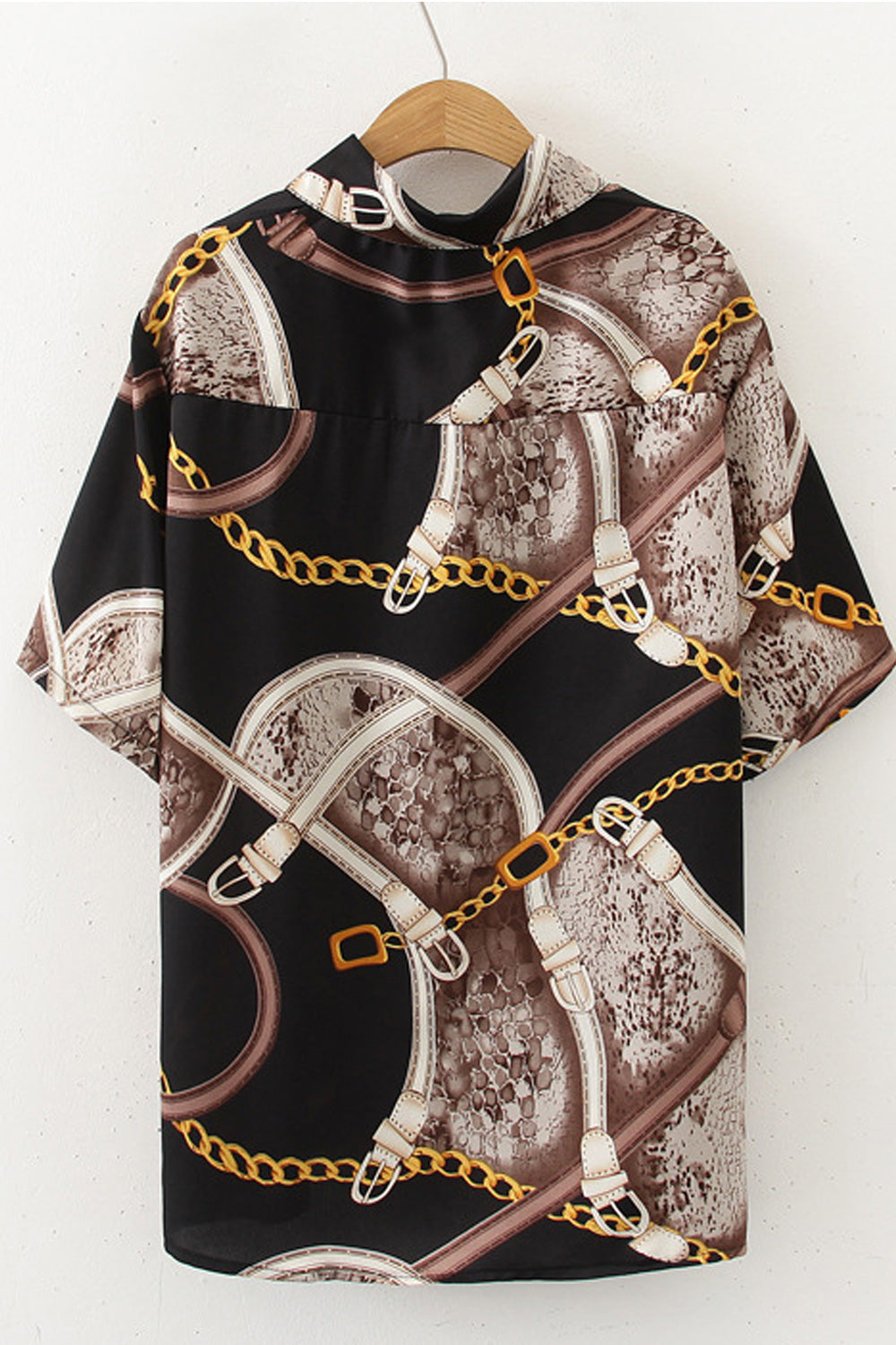 Women Collar Neck Short Sleeve Button Closure Snake Pattern Chiffon T-Shirt
