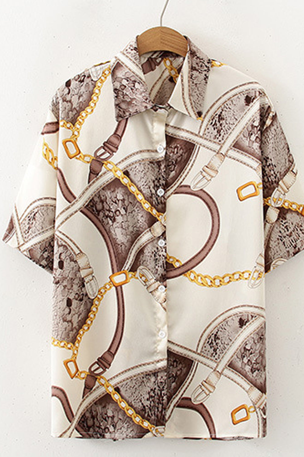Women Collar Neck Short Sleeve Button Closure Snake Pattern Chiffon T-Shirt