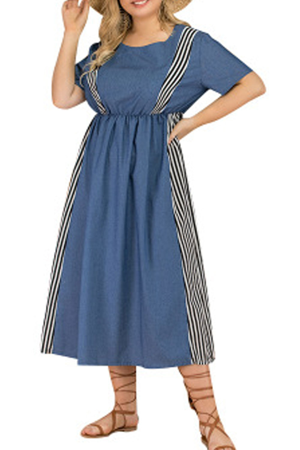 Women Plus Striped Short Sleeve Pleated Skirt Fashion Dress