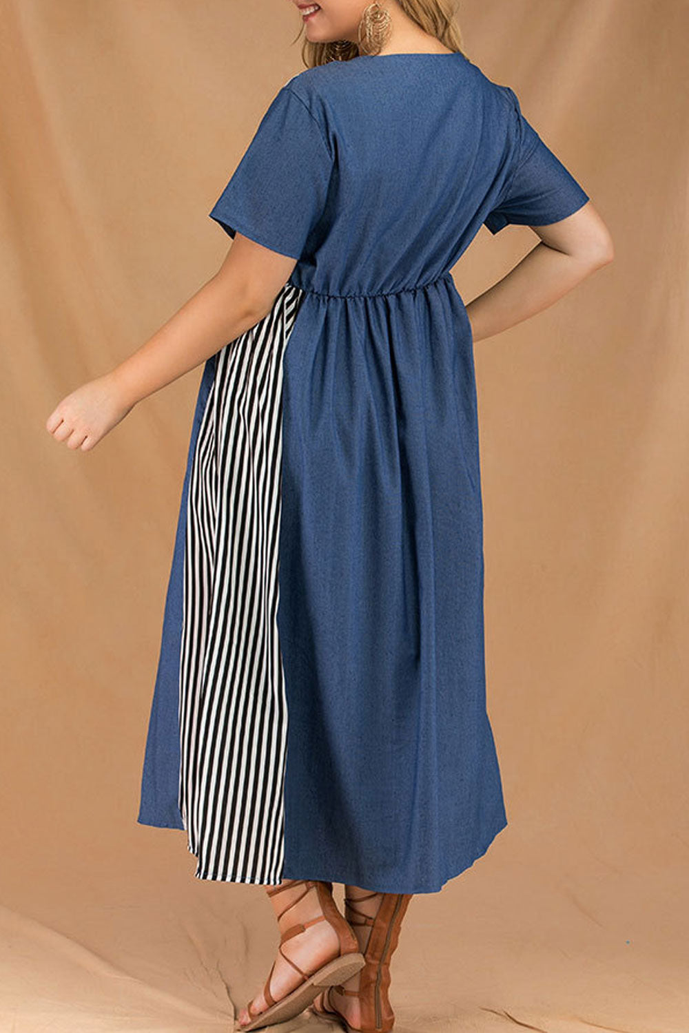 Women Plus Striped Short Sleeve Pleated Skirt Fashion Dress