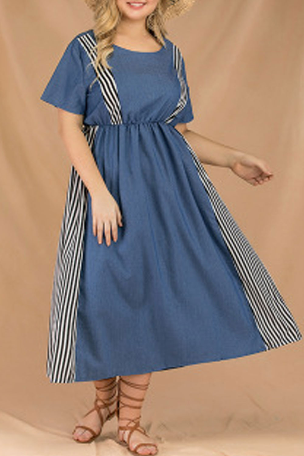 Women Plus Striped Short Sleeve Pleated Skirt Fashion Dress