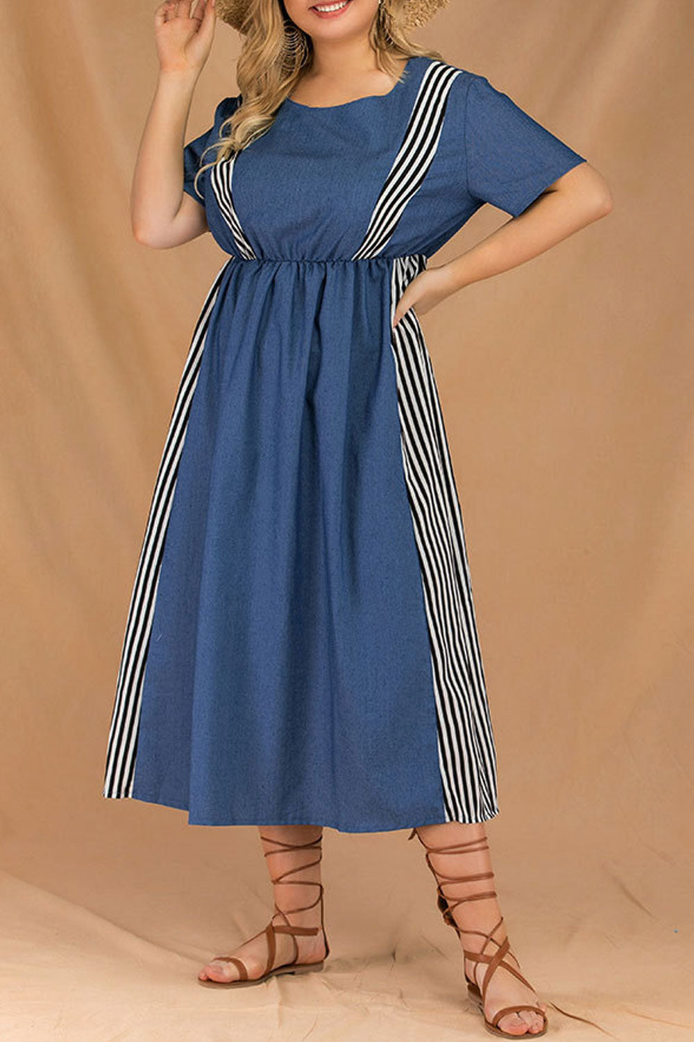 Women Plus Striped Short Sleeve Pleated Skirt Fashion Dress