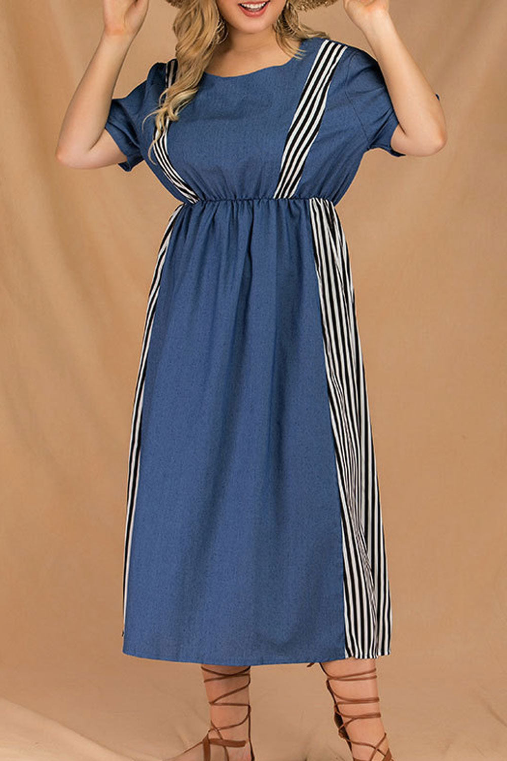 Women Plus Striped Short Sleeve Pleated Skirt Fashion Dress