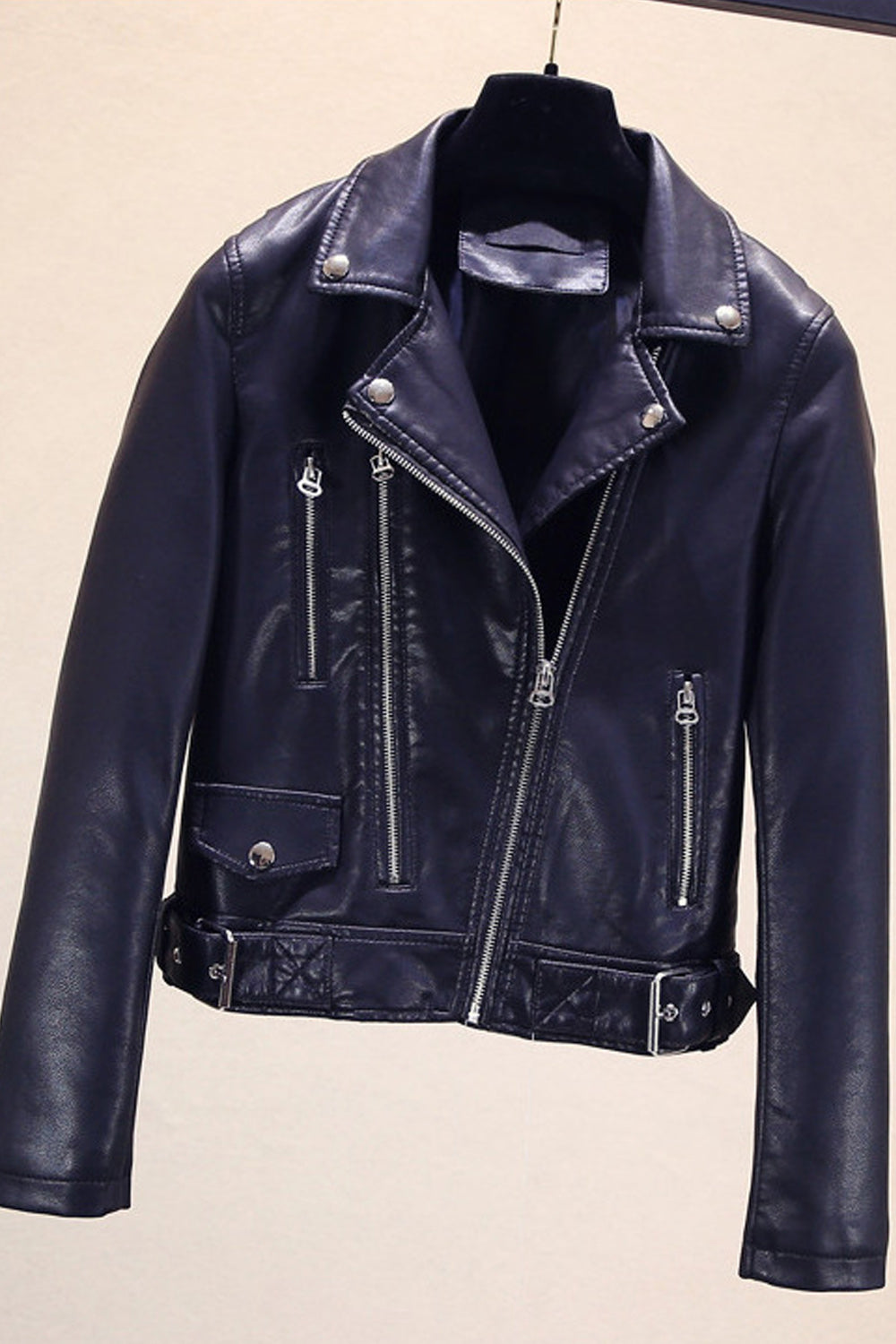 Women Long Sleeve Elegant Warm Collar Neck Trendy Leather Jacket