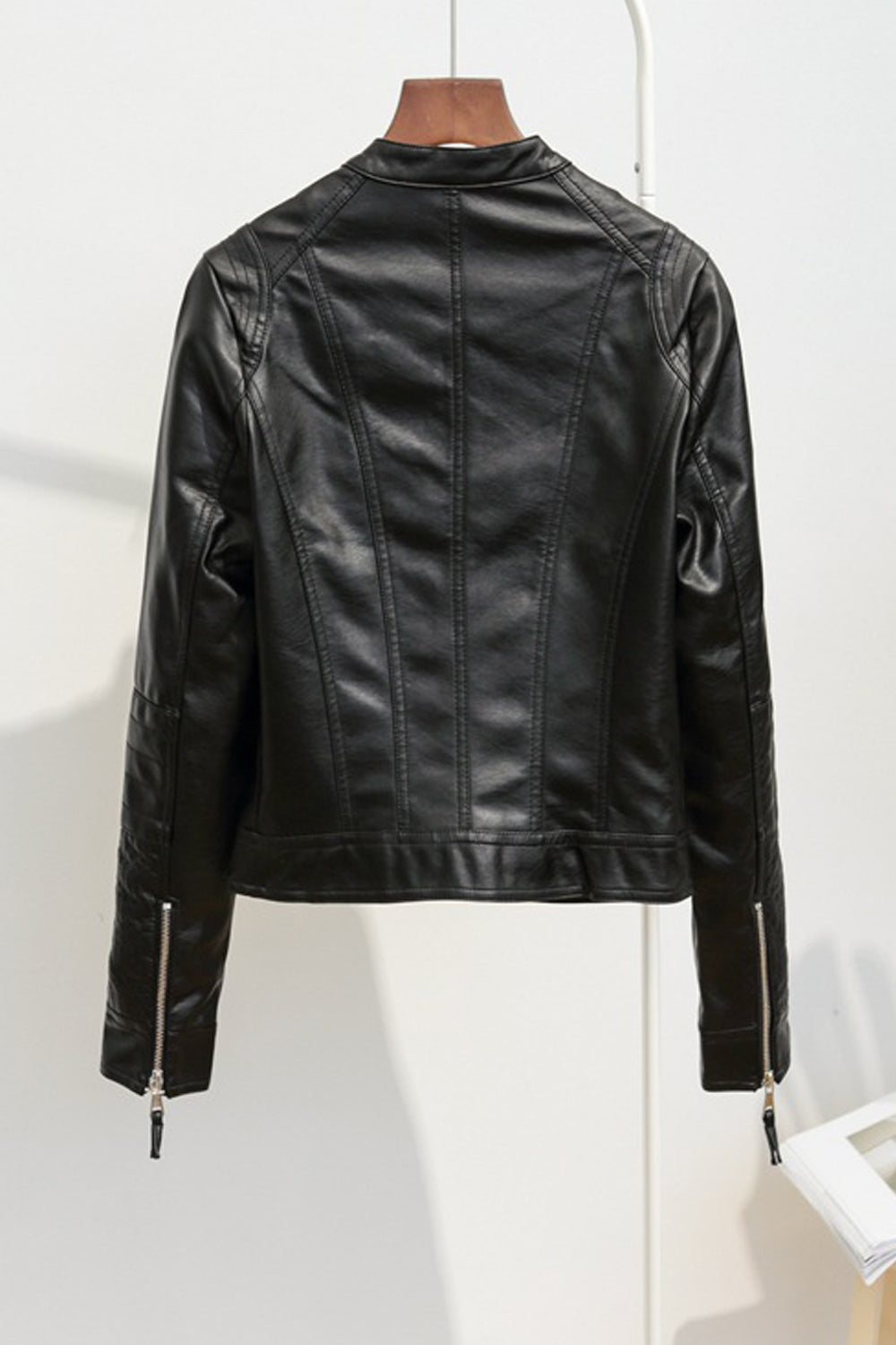 Women Comfortable Zipper Closure Long Sleeve Solid Pattern Leather Jacket