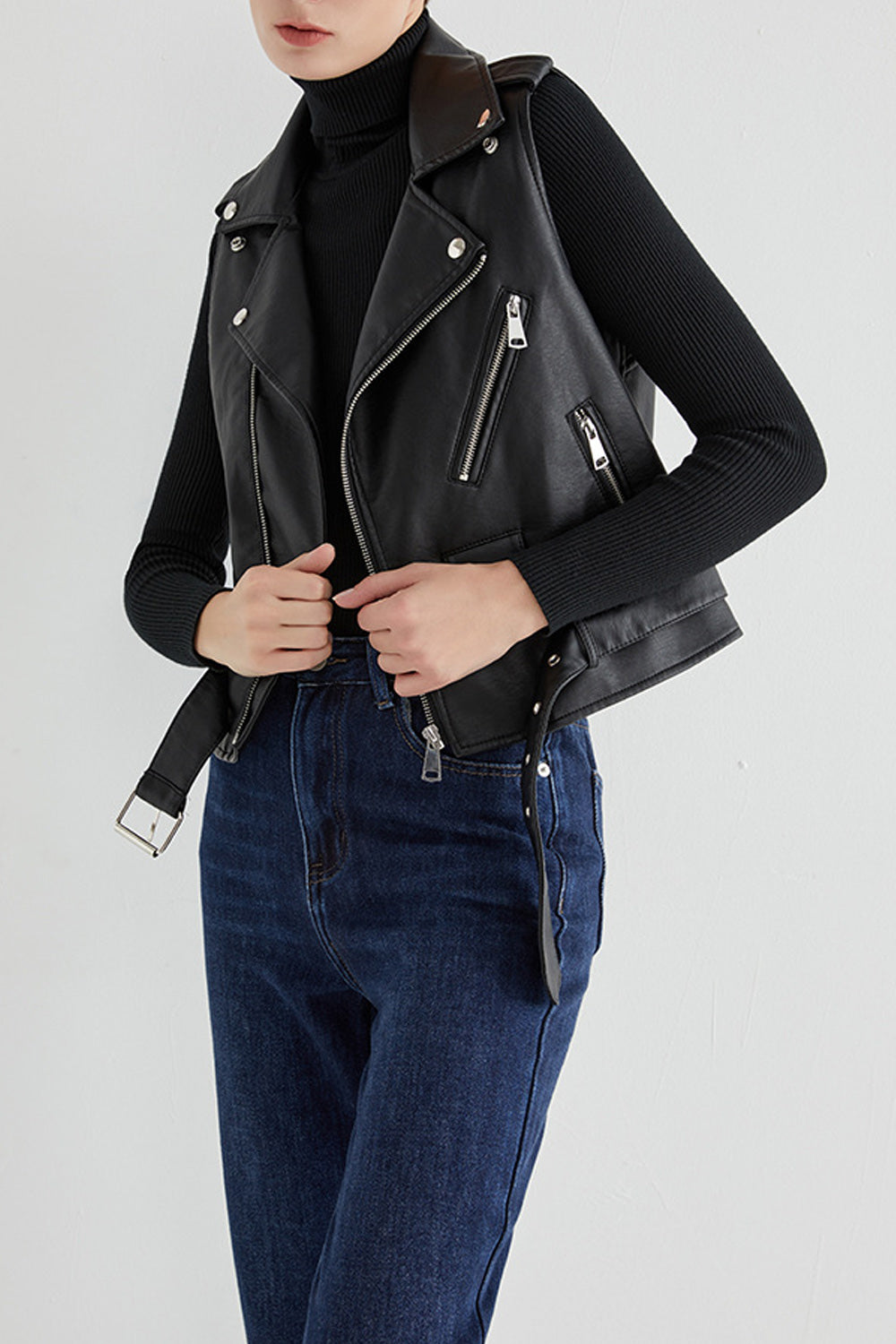 Women Multi Zipper Pocket Stylish Sleeveless Charming Leather Jacket