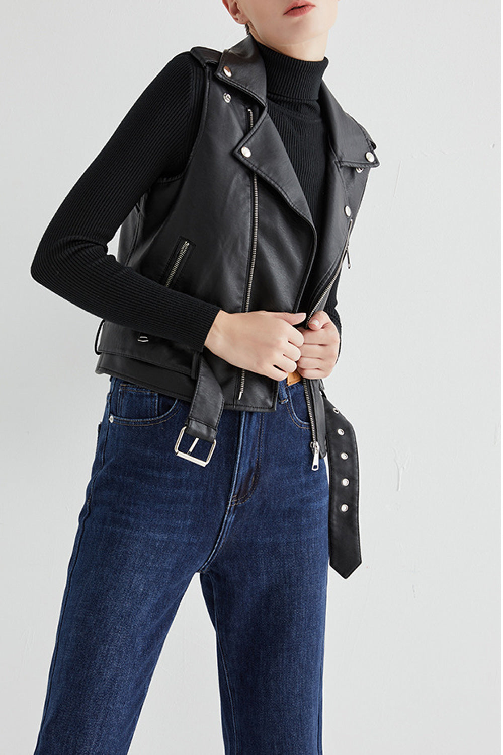 Women Multi Zipper Pocket Stylish Sleeveless Charming Leather Jacket