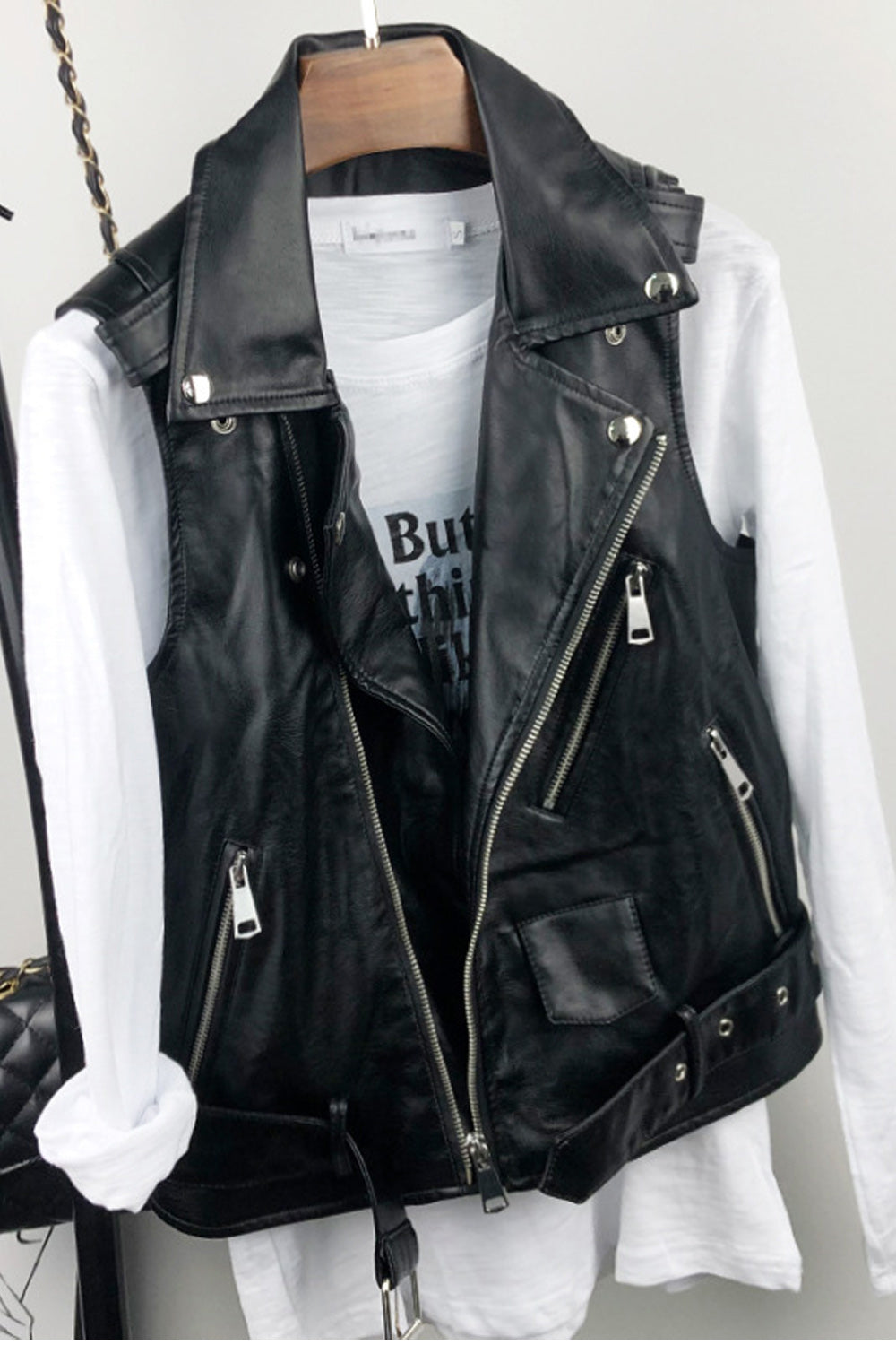 Women Multi Zipper Pocket Stylish Sleeveless Charming Leather Jacket