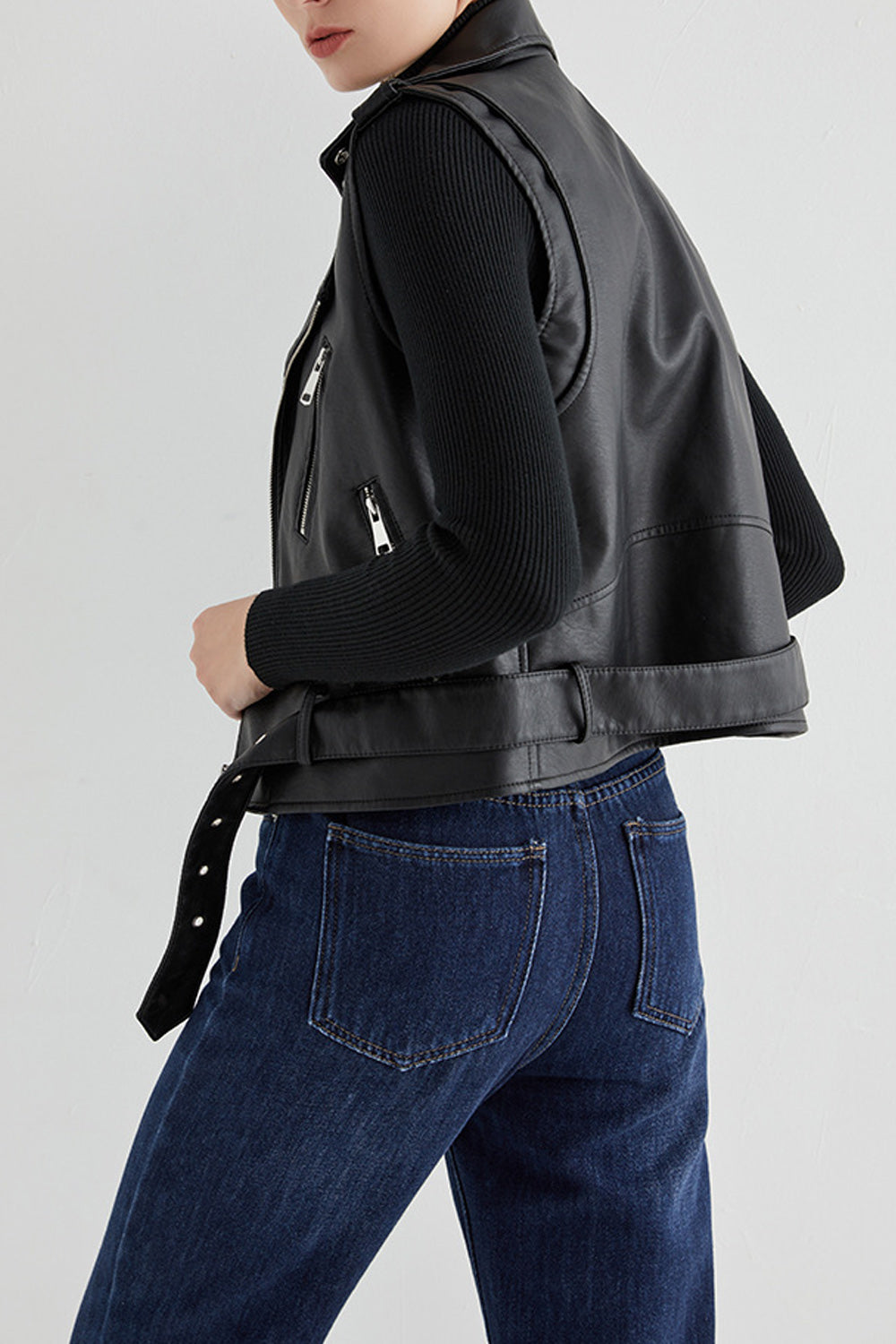 Women Multi Zipper Pocket Stylish Sleeveless Charming Leather Jacket