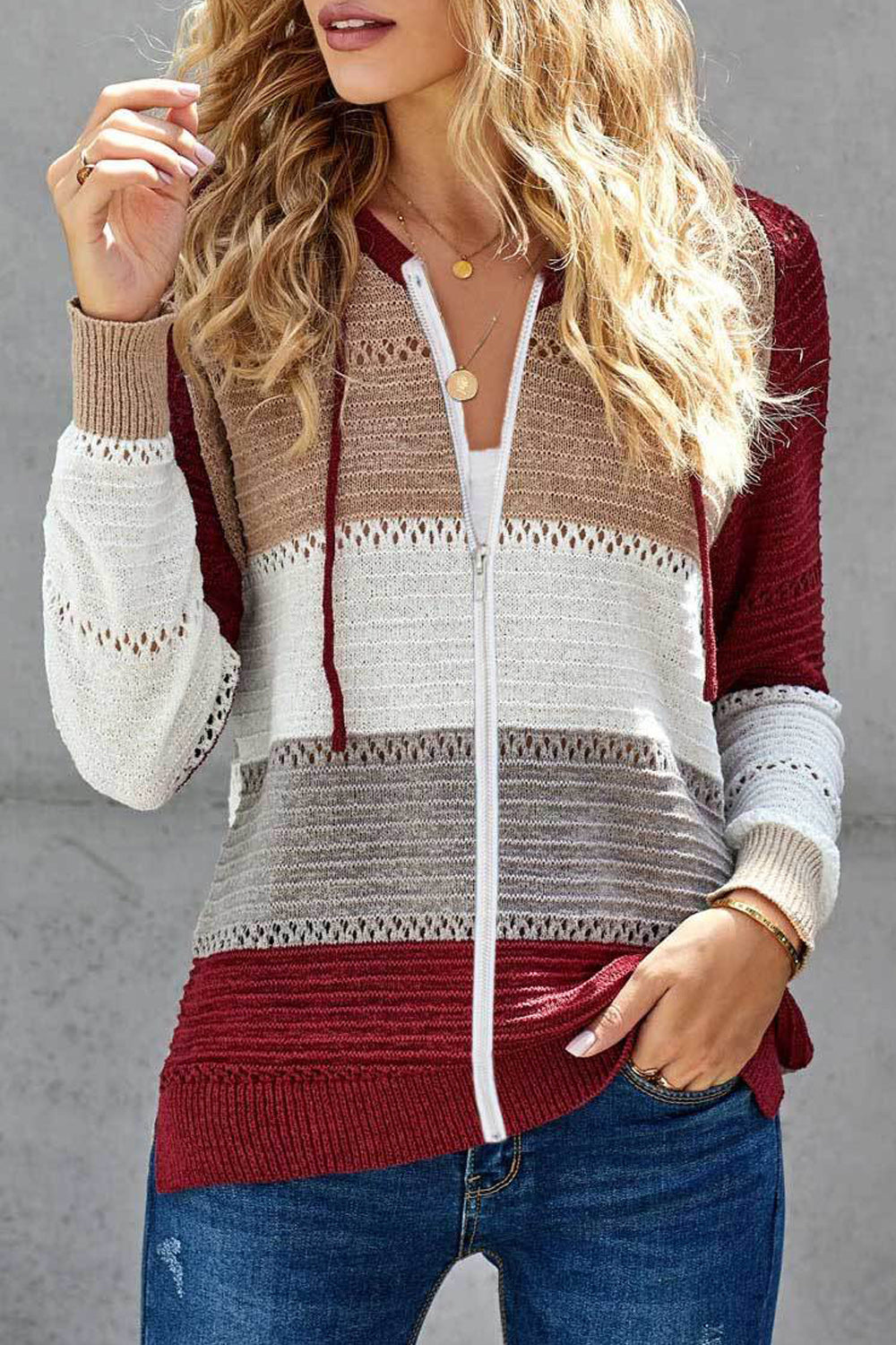 Women Long Sleeve Knitted Style Thick Stripe Pattern Hoodie