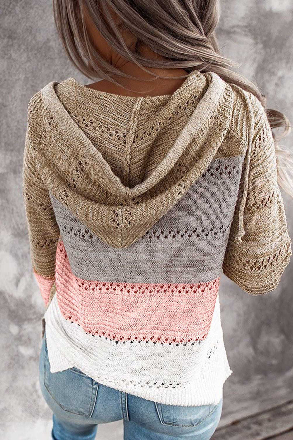 Women Long Sleeve Knitted Style Thick Stripe Pattern Hoodie