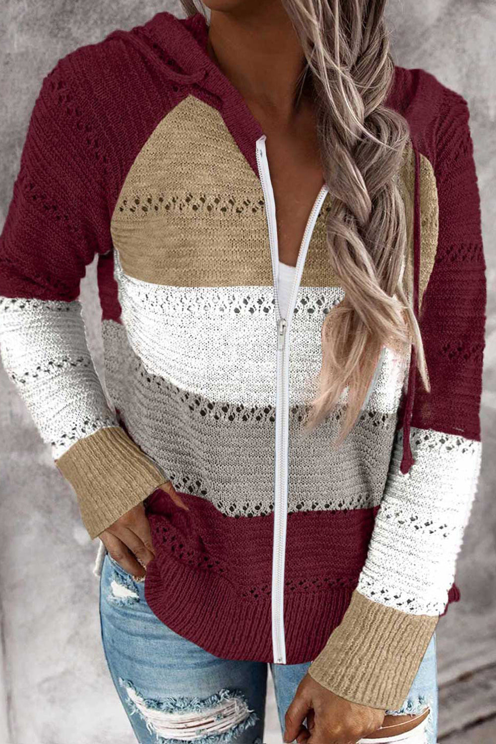 Women Long Sleeve Knitted Style Thick Stripe Pattern Hoodie