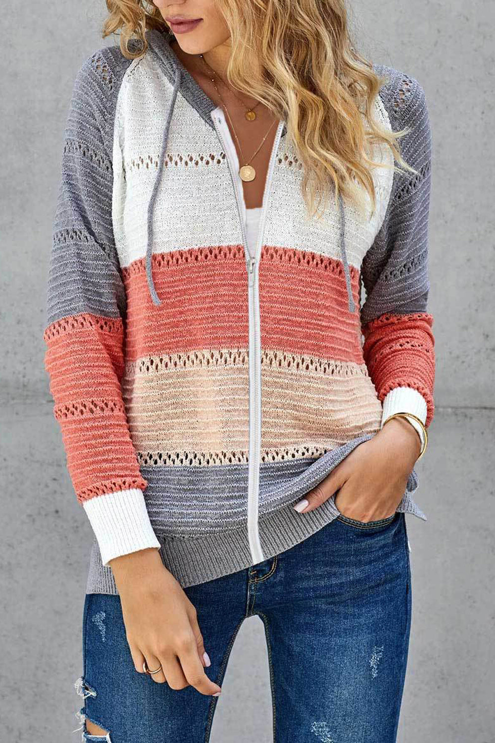 Women Long Sleeve Knitted Style Thick Stripe Pattern Hoodie