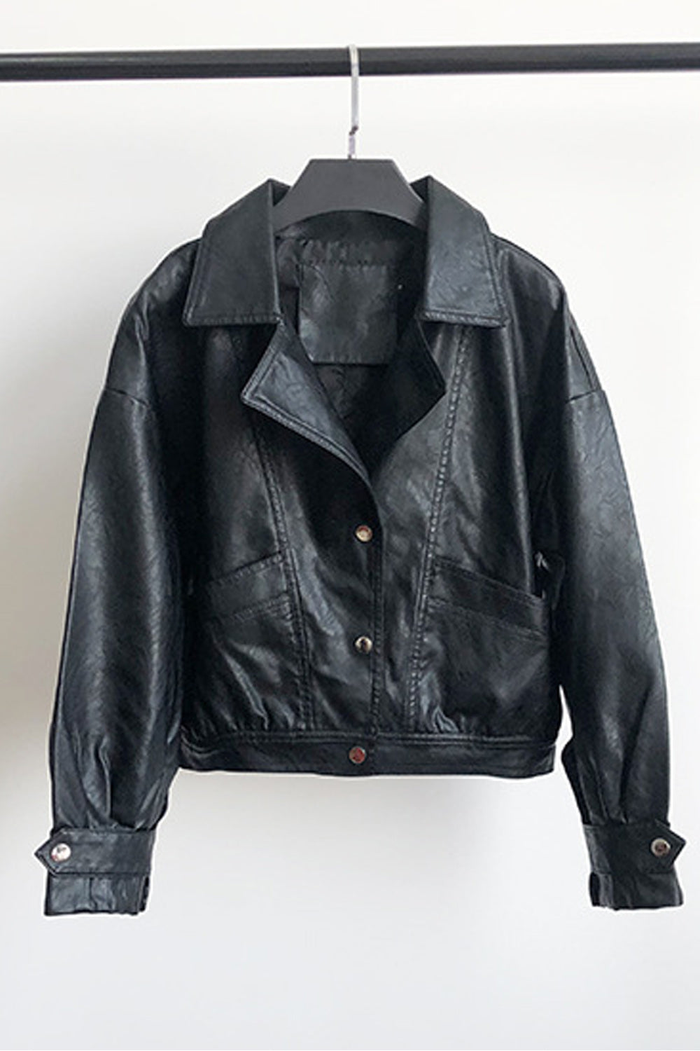 Women Easy Button Closure Long Sleeve Collar Neck Warm Leather Jacket