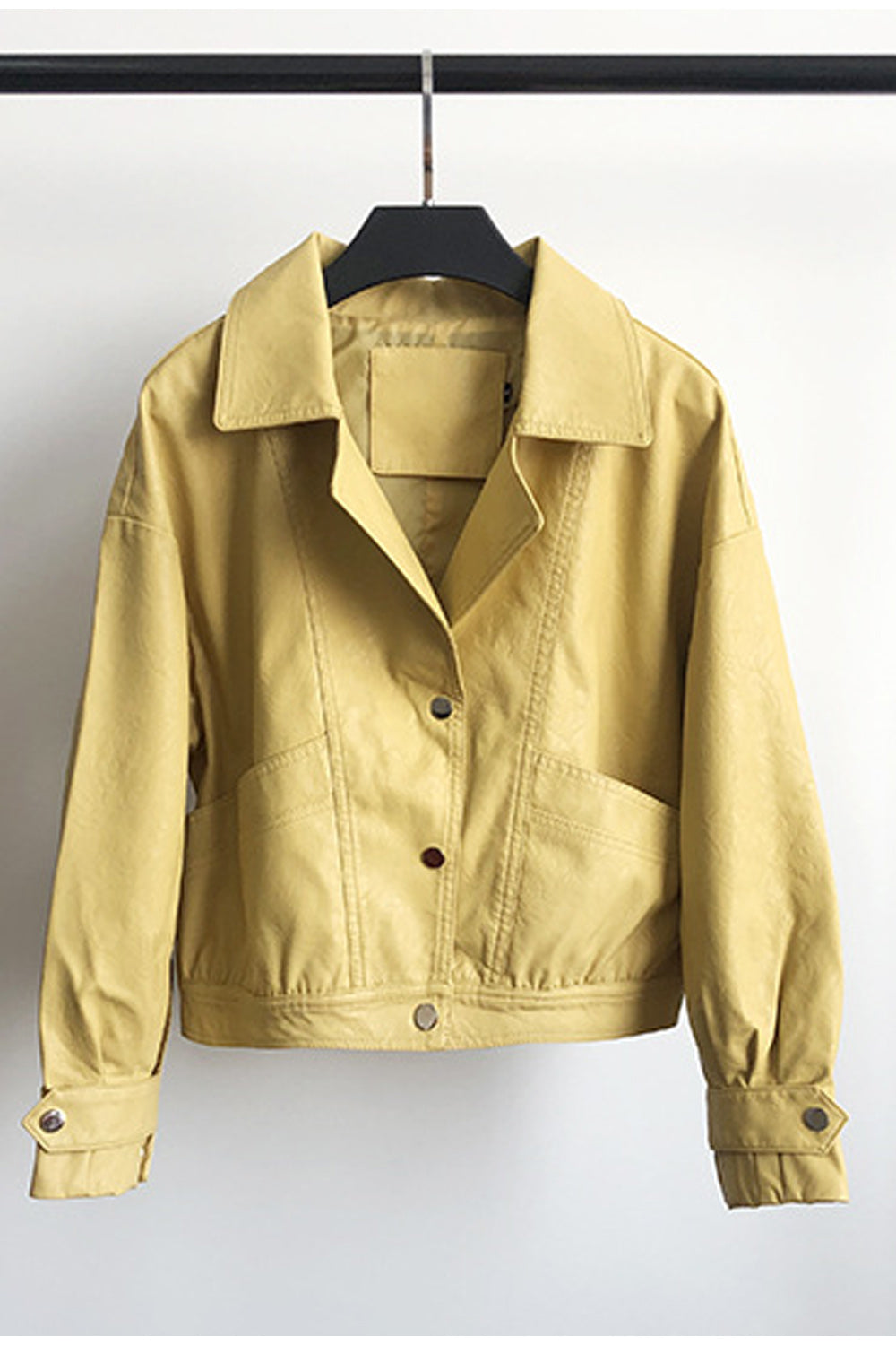 Women Easy Button Closure Long Sleeve Collar Neck Warm Leather Jacket