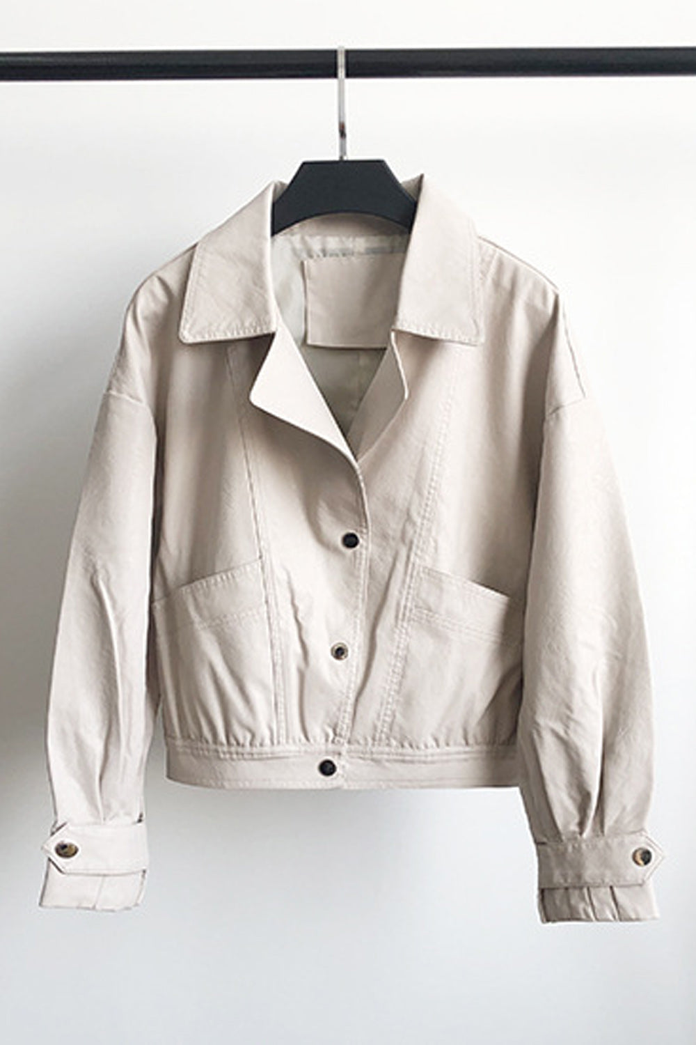 Women Easy Button Closure Long Sleeve Collar Neck Warm Leather Jacket