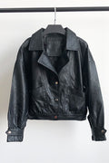 Women Easy Button Closure Long Sleeve Collar Neck Warm Leather Jacket