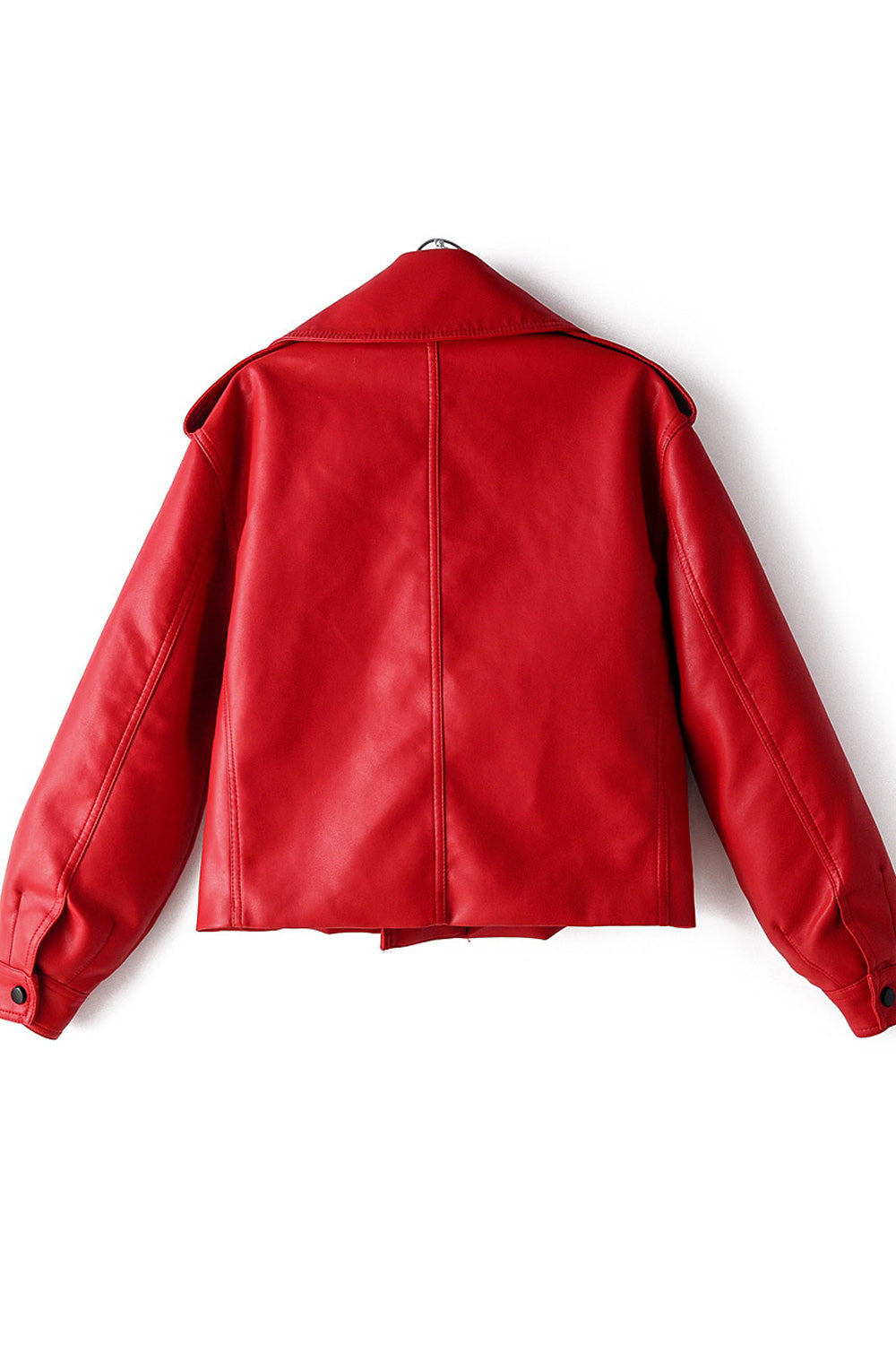 Women Ribbed Cuff Long Sleeve Big Collar Neck Fashionable Leather Jacket