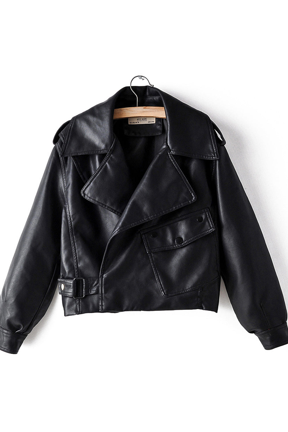 Women Ribbed Cuff Long Sleeve Big Collar Neck Fashionable Leather Jacket