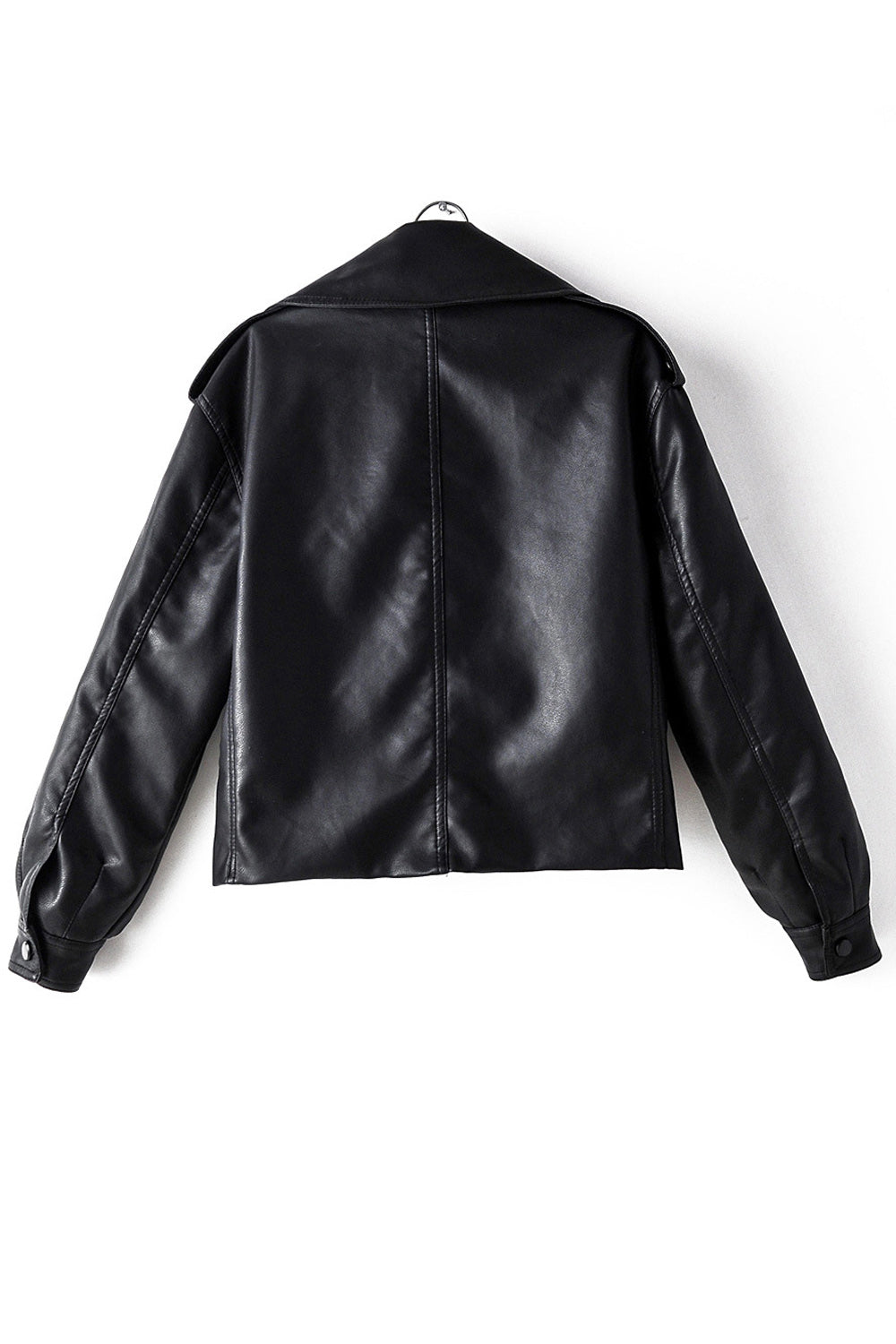 Women Ribbed Cuff Long Sleeve Big Collar Neck Fashionable Leather Jacket