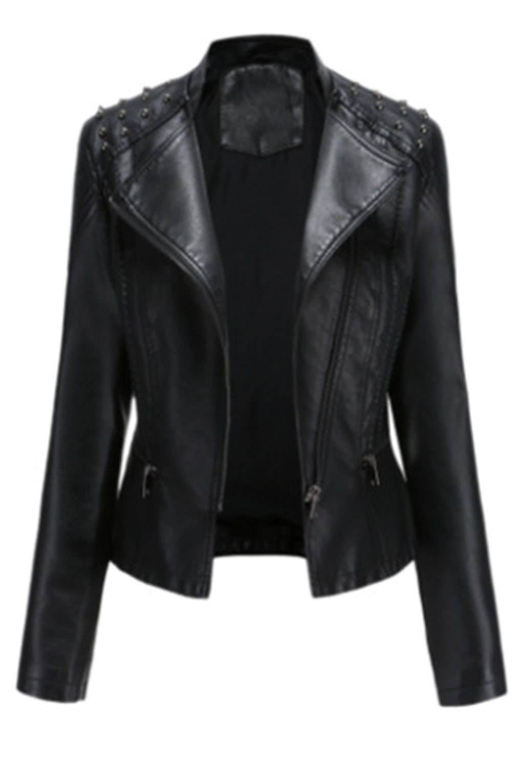Women Collar Neck Comfy Solid Pattern Long Sleeve Stylish Leather Jacket