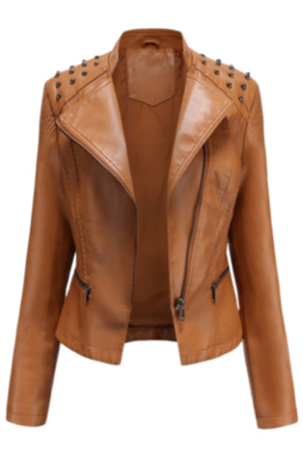 Women Collar Neck Comfy Solid Pattern Long Sleeve Stylish Leather Jacket