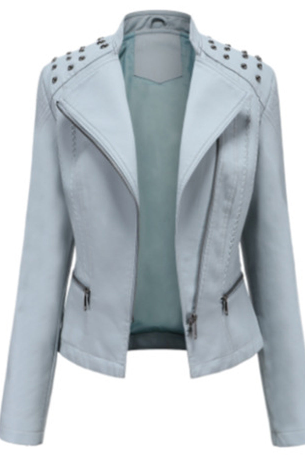 Women Collar Neck Comfy Solid Pattern Long Sleeve Stylish Leather Jacket