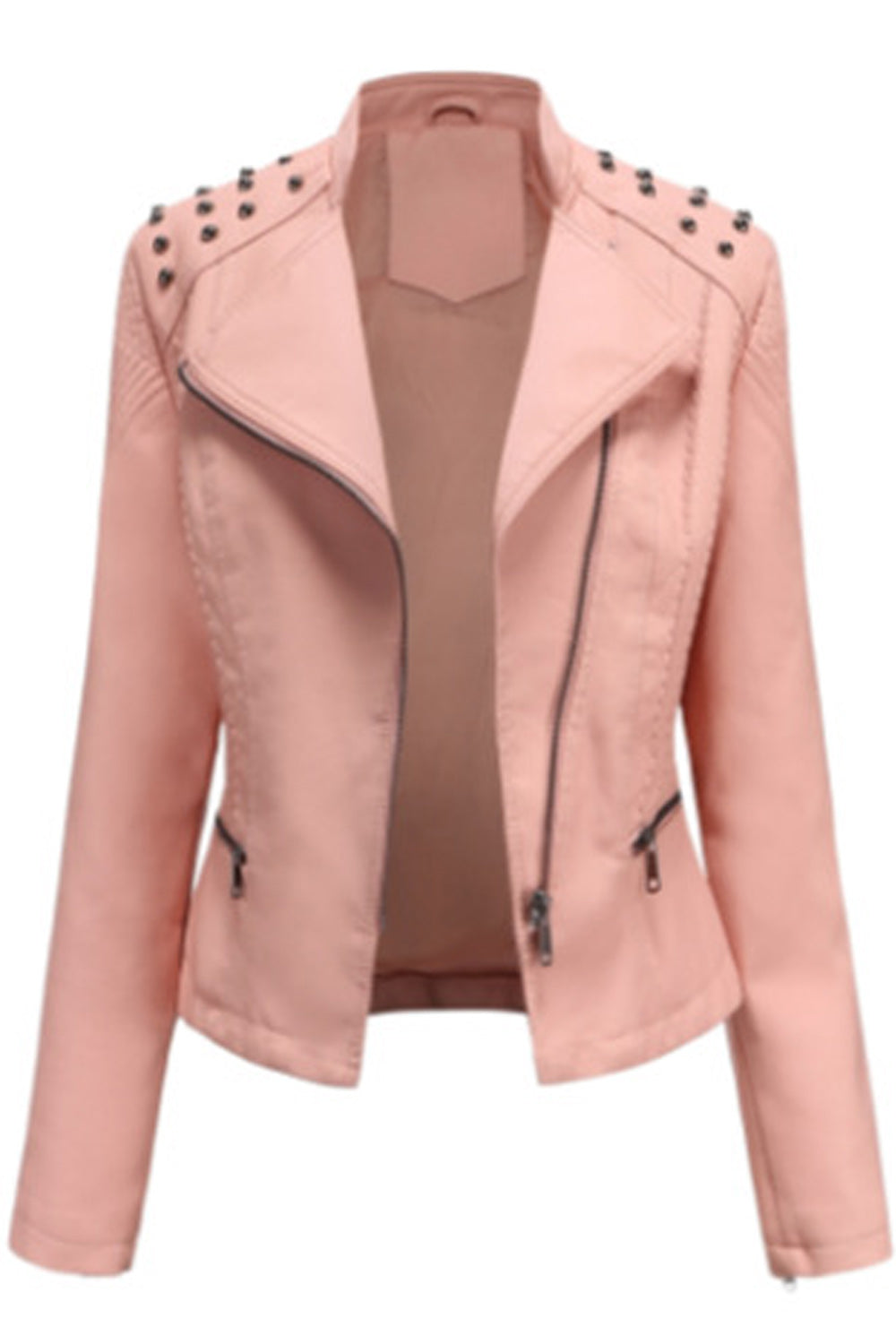 Women Collar Neck Comfy Solid Pattern Long Sleeve Stylish Leather Jacket