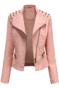 Women Collar Neck Comfy Solid Pattern Long Sleeve Stylish Leather Jacket