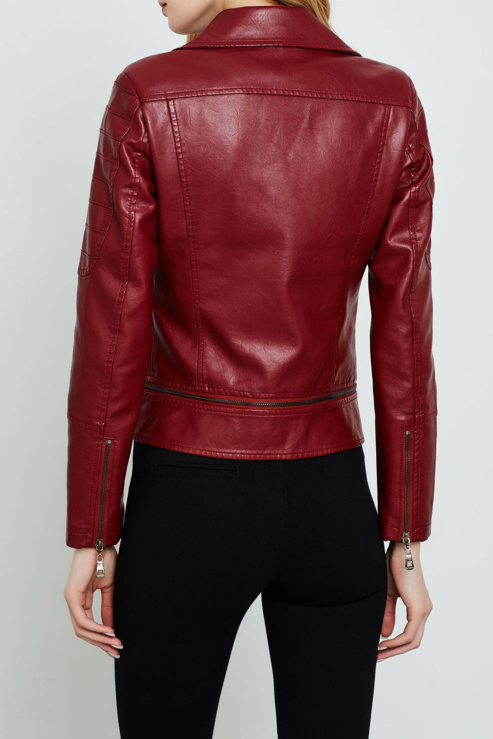 Women Slim Fit Collar Neck Long Sleeve Convenient Winter Leather Jacket