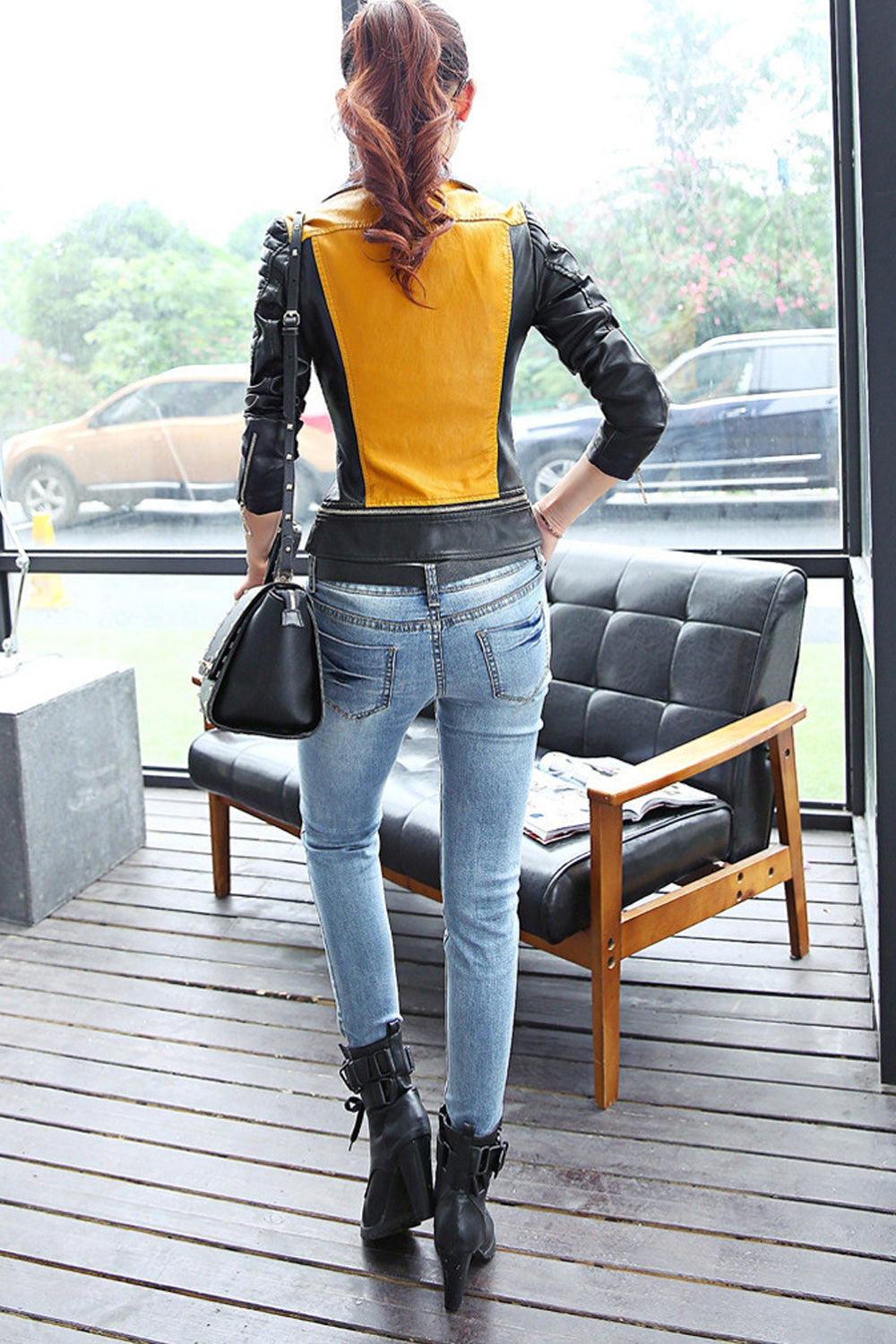 Women Slim Fit Collar Neck Long Sleeve Convenient Winter Leather Jacket