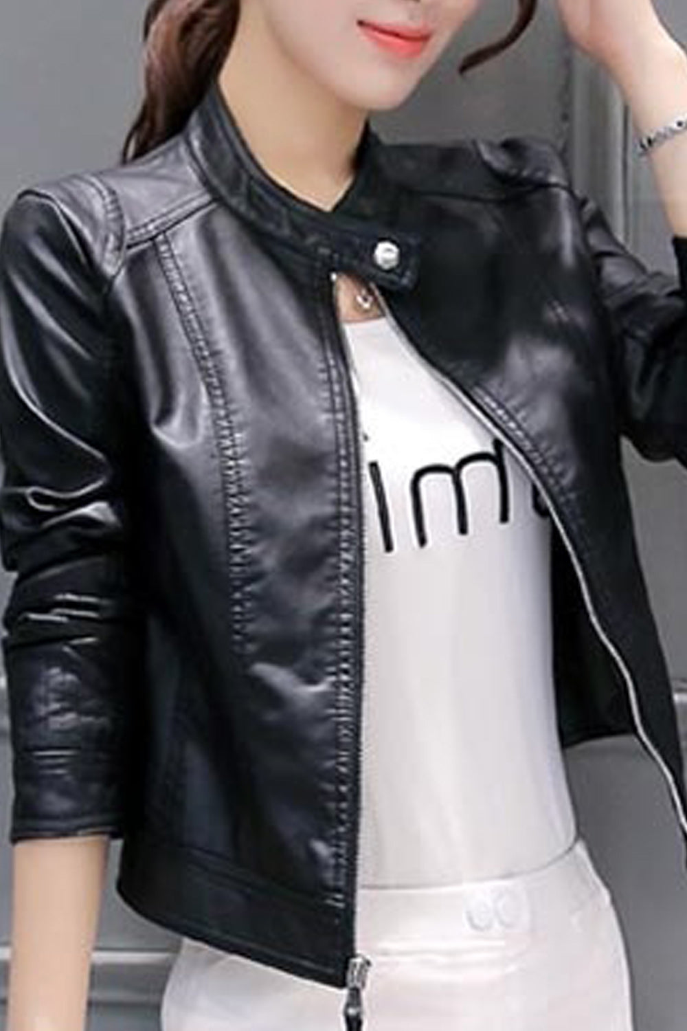 Women Long Sleeve Easy Zipper Closure Fashionable Warm Leather Jacket