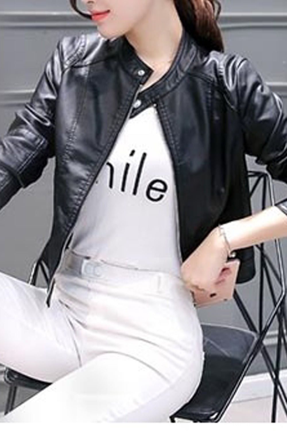 Women Long Sleeve Easy Zipper Closure Fashionable Warm Leather Jacket