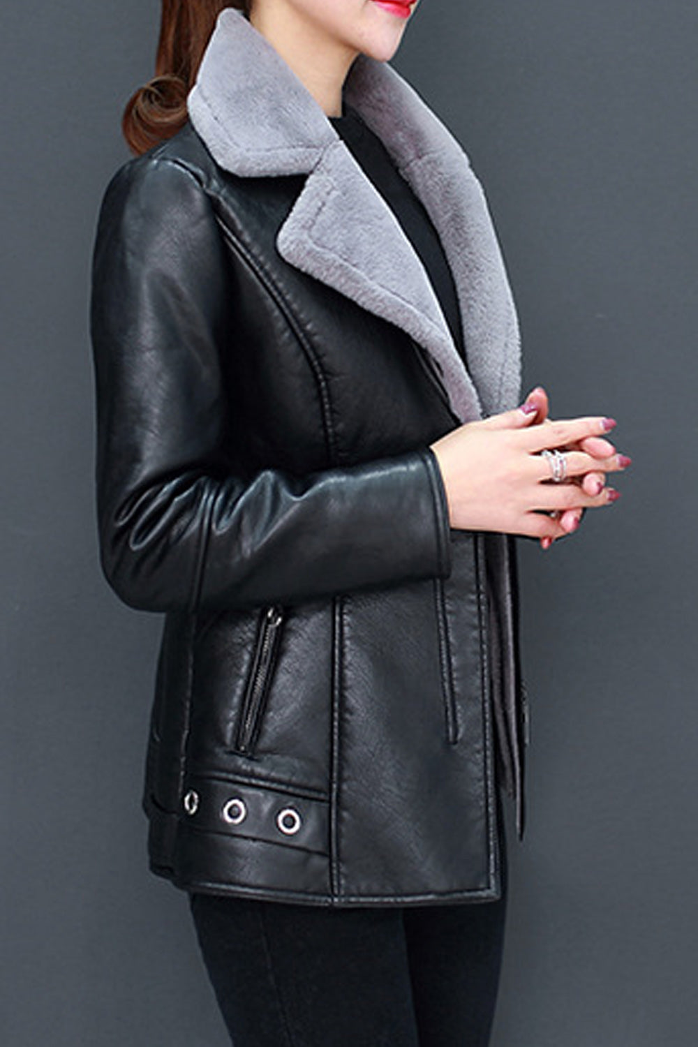 Women Collar Neck Long Sleeve Fashionable Leather Jacket